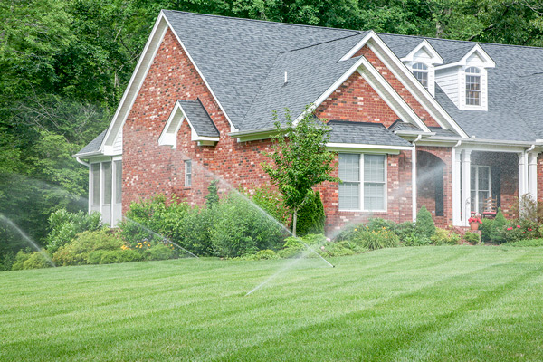 Brick home with sprinkler system watering lawn